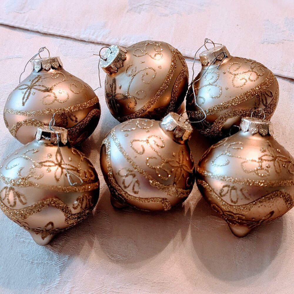 Lot 6 VTG Rauch Teardrop Christmas Ornaments Gold Glitter Scroll Crowns